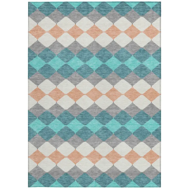 3' X 5' Teal Blue Gray And Copper Geometric Washable Indoor Outdoor Area Rug