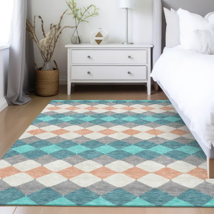 3' X 5' Teal Blue Gray And Copper Geometric Washable Indoor Outdoor Area Rug