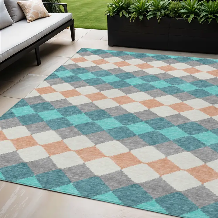 5' X 8' Teal Blue Gray And Copper Geometric Washable Indoor Outdoor Area Rug