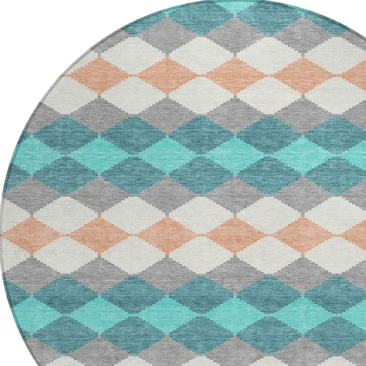 8' Teal Blue Gray And Copper Round Geometric Washable Indoor Outdoor Area Rug