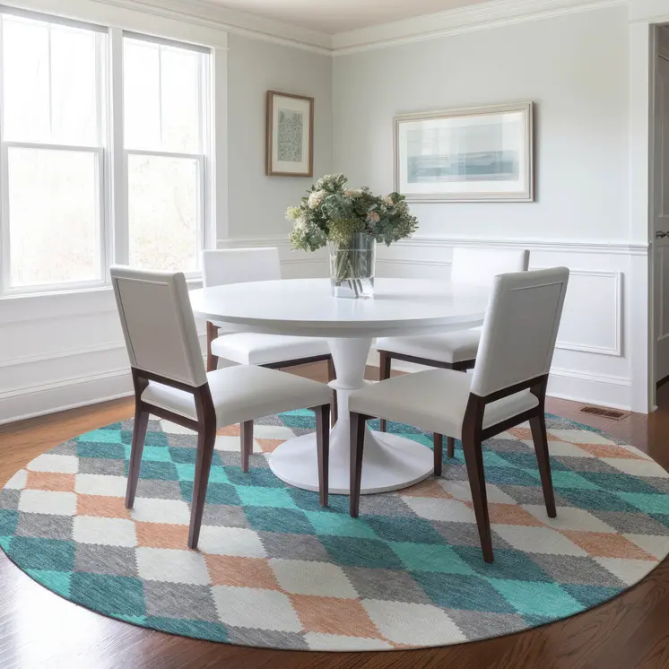 8' Teal Blue Gray And Copper Round Geometric Washable Indoor Outdoor Area Rug