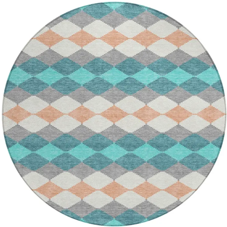 8' Teal Blue Gray And Copper Round Geometric Washable Indoor Outdoor Area Rug