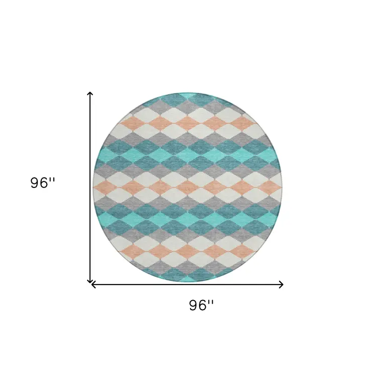 8' Teal Blue Gray And Copper Round Geometric Washable Indoor Outdoor Area Rug