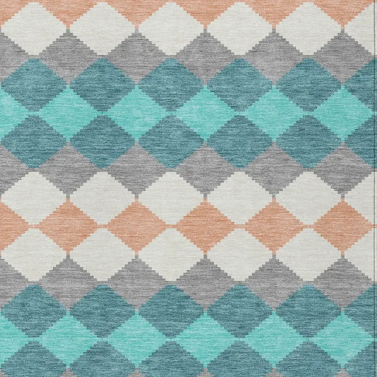9' X 12' Teal Blue Gray And Copper Geometric Washable Indoor Outdoor Area Rug
