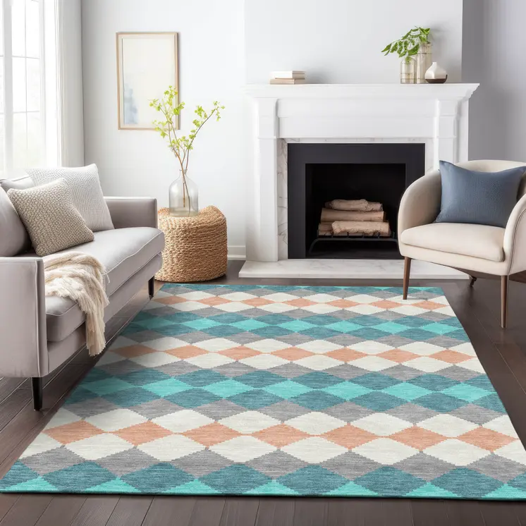9' X 12' Teal Blue Gray And Copper Geometric Washable Indoor Outdoor Area Rug