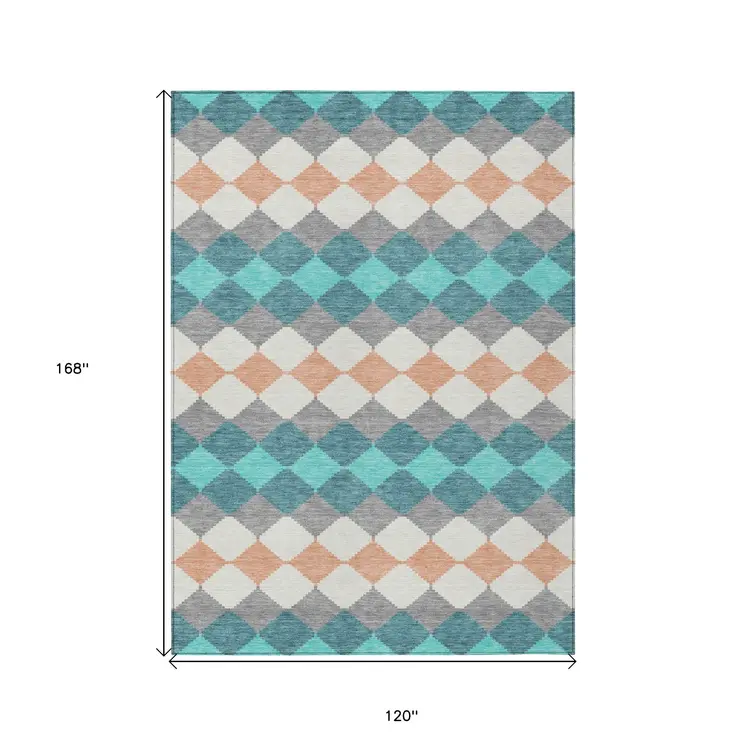 10' X 14' Teal Blue Gray And Copper Geometric Washable Indoor Outdoor Area Rug