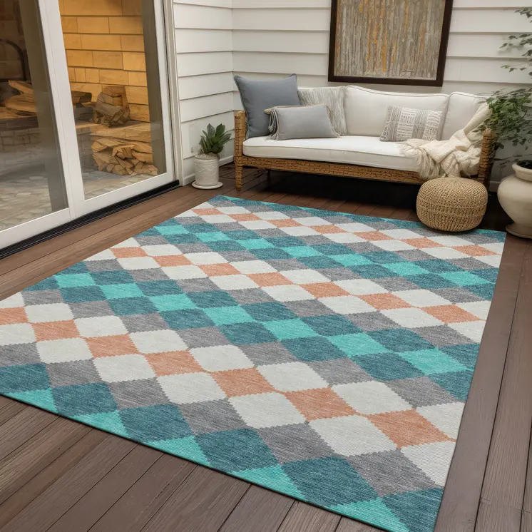 10' X 14' Teal Blue Gray And Copper Geometric Washable Indoor Outdoor Area Rug