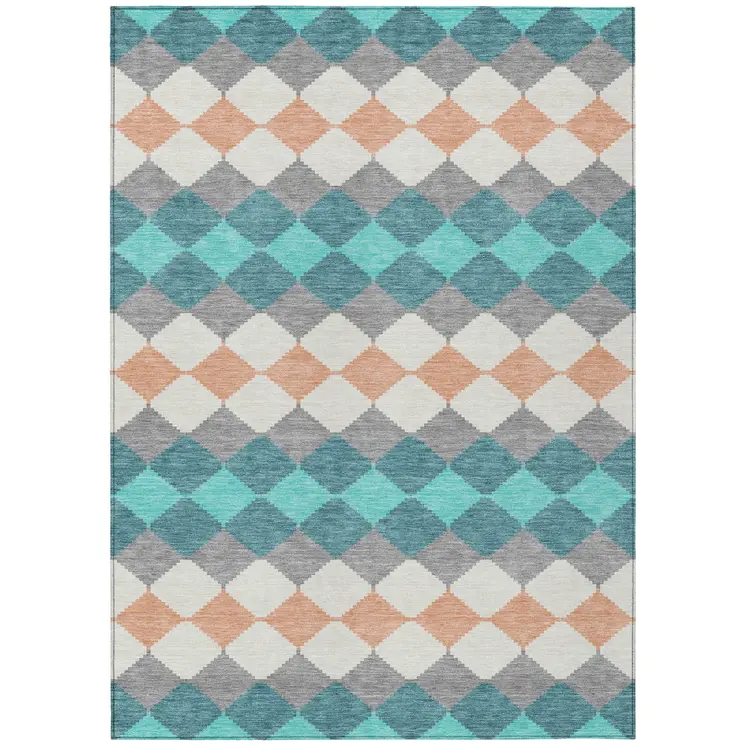 10' X 14' Teal Blue Gray And Copper Geometric Washable Indoor Outdoor Area Rug