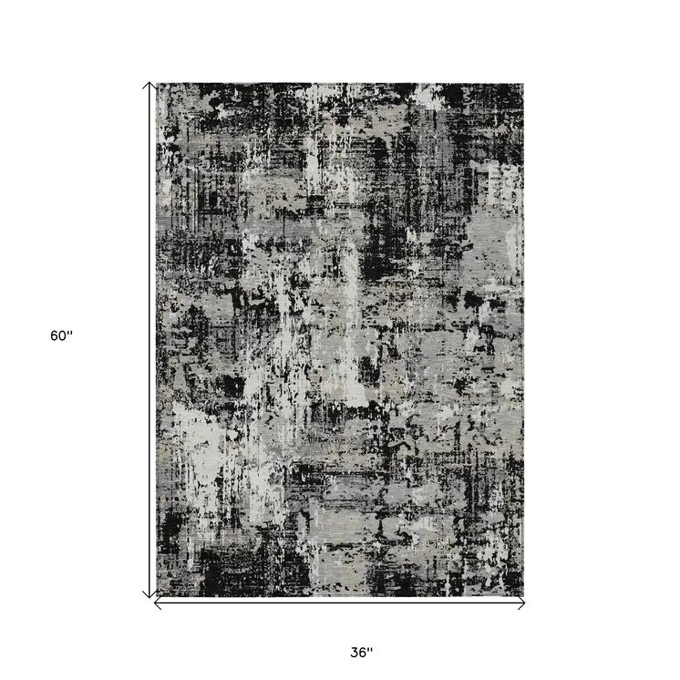 3' X 5' Black And Gray Abstract Washable Indoor Outdoor Area Rug
