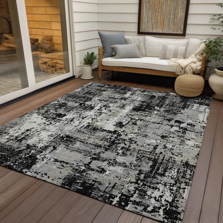 3' X 5' Black And Gray Abstract Washable Indoor Outdoor Area Rug