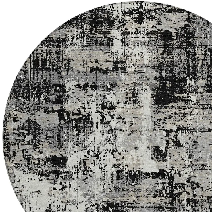 8' Black And Gray Round Abstract Washable Indoor Outdoor Area Rug