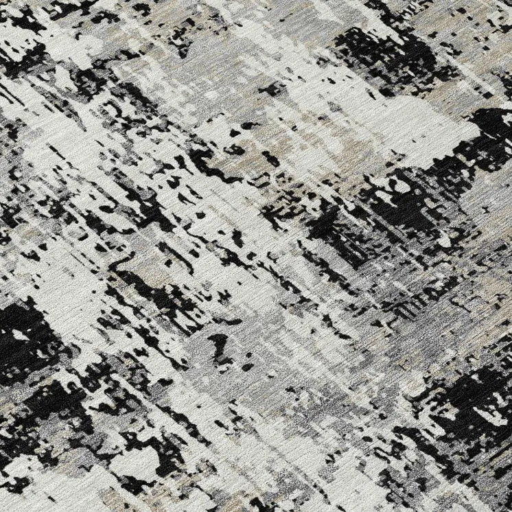 8' Black And Gray Round Abstract Washable Indoor Outdoor Area Rug