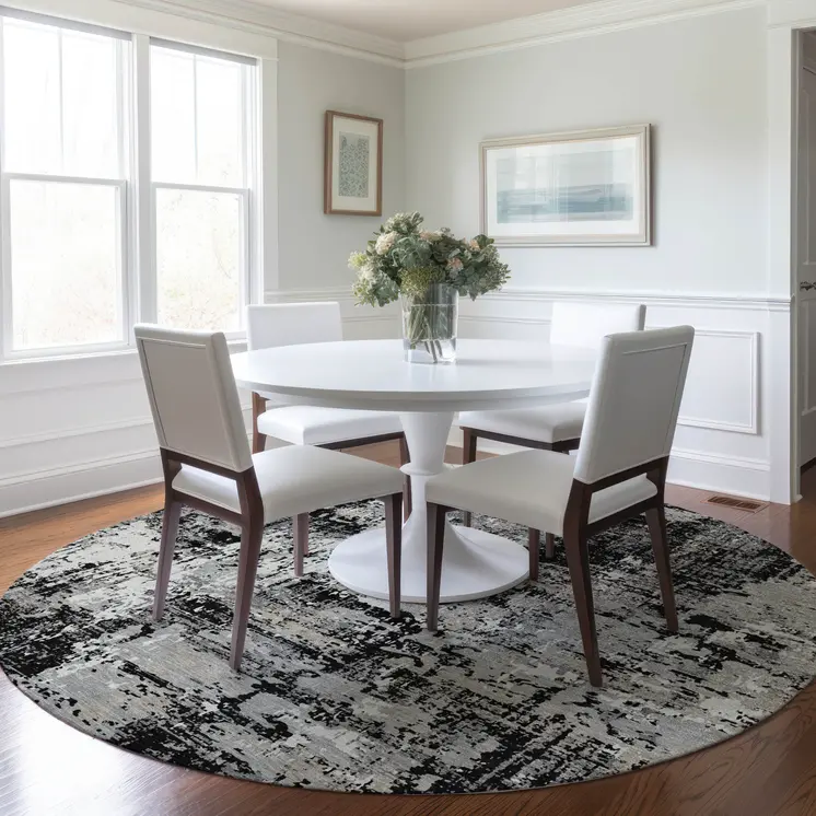 8' Black And Gray Round Abstract Washable Indoor Outdoor Area Rug