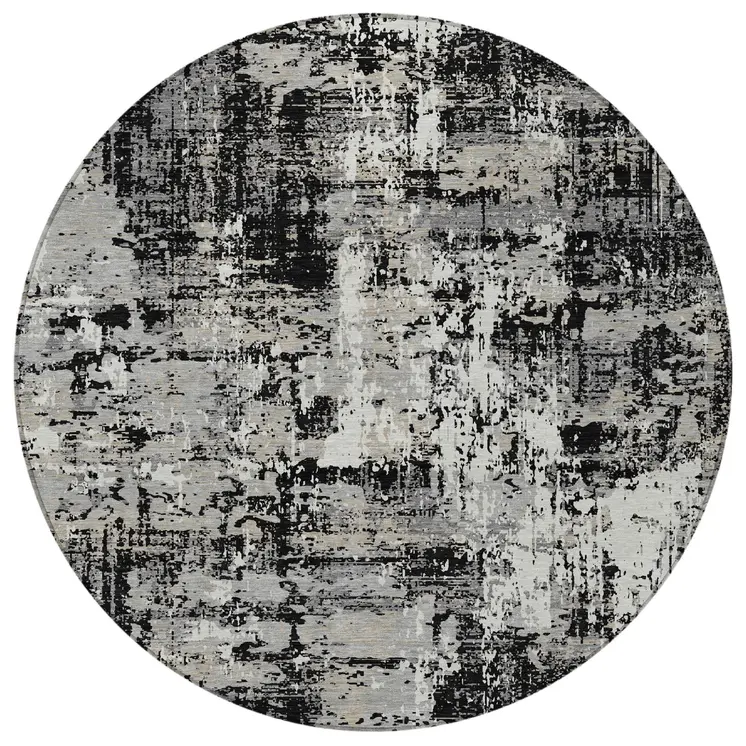 8' Black And Gray Round Abstract Washable Indoor Outdoor Area Rug