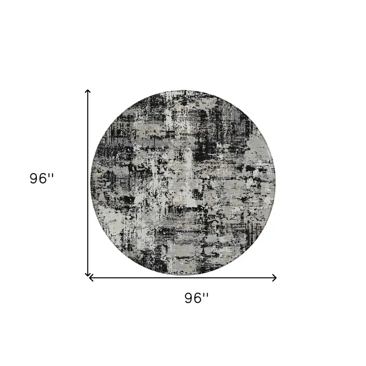 8' Black And Gray Round Abstract Washable Indoor Outdoor Area Rug