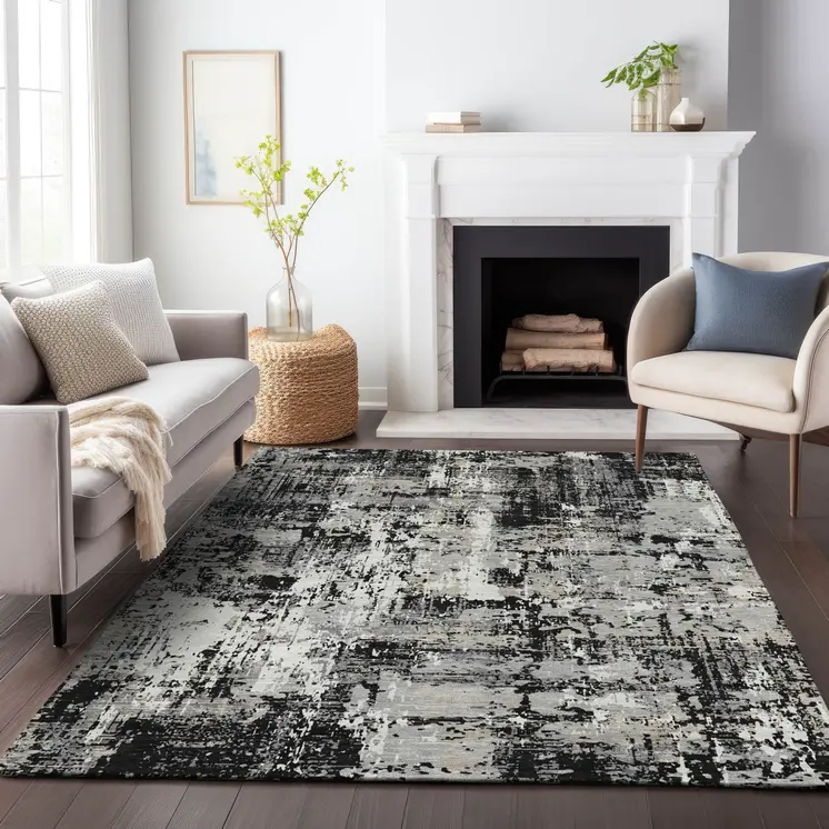 10' X 14' Black And Gray Abstract Washable Indoor Outdoor Area Rug