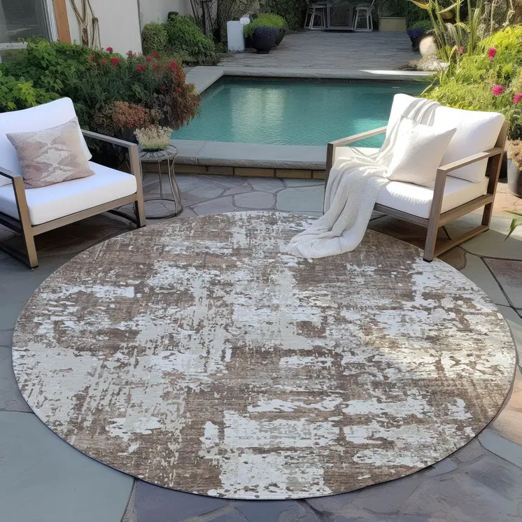 8' Brown And Beige Round Abstract Washable Indoor Outdoor Area Rug