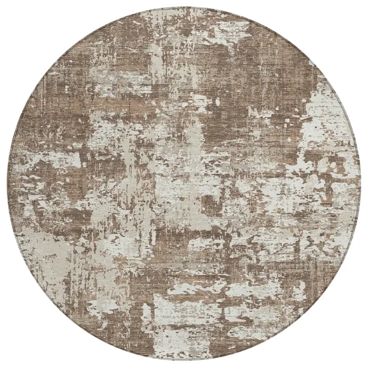 8' Brown And Beige Round Abstract Washable Indoor Outdoor Area Rug
