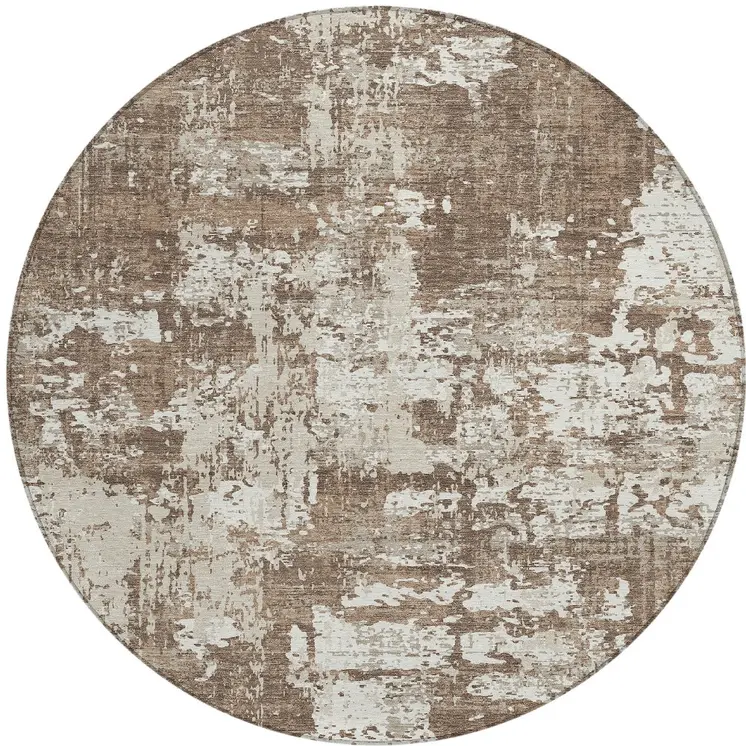 8' Brown And Beige Round Abstract Washable Indoor Outdoor Area Rug