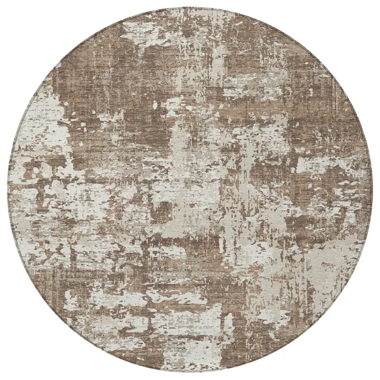 8' Brown And Beige Round Abstract Washable Indoor Outdoor Area Rug