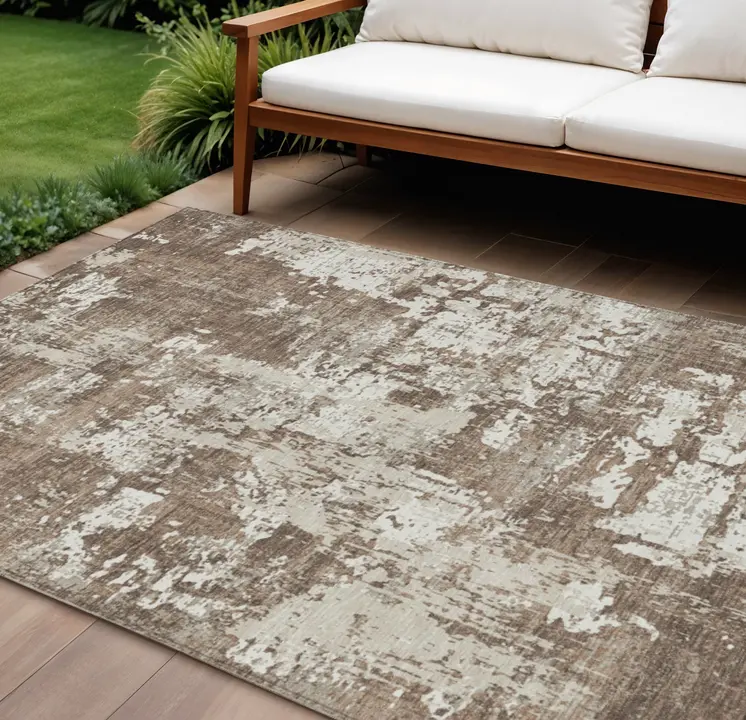 9' X 12' Brown And Beige Abstract Washable Indoor Outdoor Area Rug