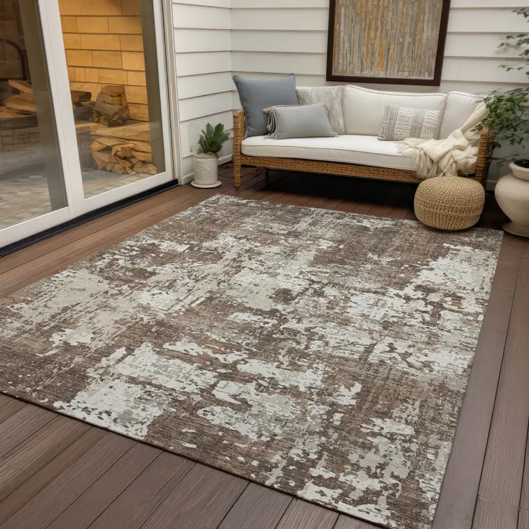 9' X 12' Brown And Beige Abstract Washable Indoor Outdoor Area Rug