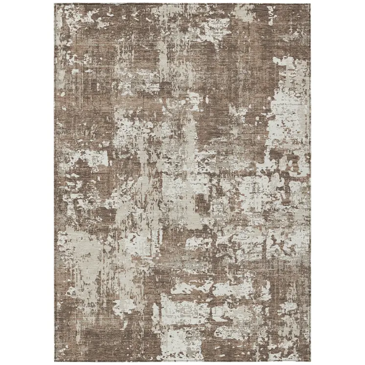 9' X 12' Brown And Beige Abstract Washable Indoor Outdoor Area Rug