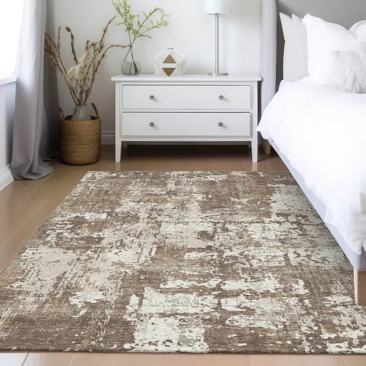 9' X 12' Brown And Beige Abstract Washable Indoor Outdoor Area Rug