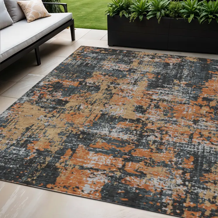 5' X 8' Charcoal Copper And Ivory Abstract Washable Indoor Outdoor Area Rug