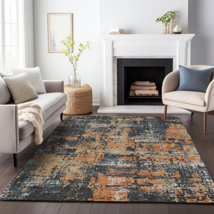 5' X 8' Charcoal Copper And Ivory Abstract Washable Indoor Outdoor Area Rug