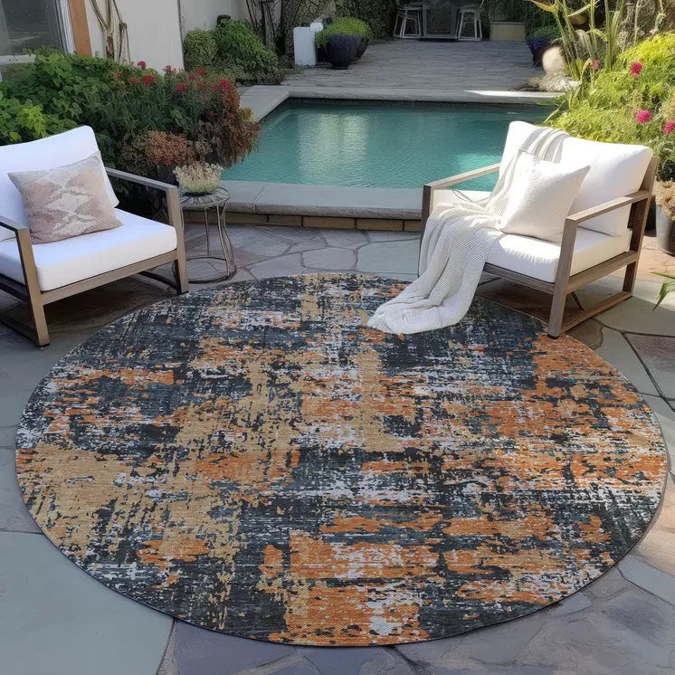 8' Charcoal Copper And Ivory Round Abstract Washable Indoor Outdoor Area Rug