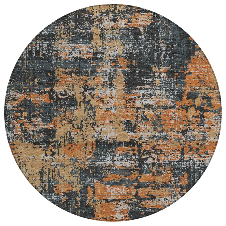 8' Charcoal Copper And Ivory Round Abstract Washable Indoor Outdoor Area Rug