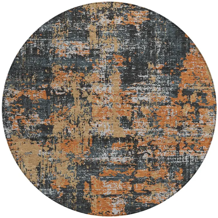 8' Charcoal Copper And Ivory Round Abstract Washable Indoor Outdoor Area Rug