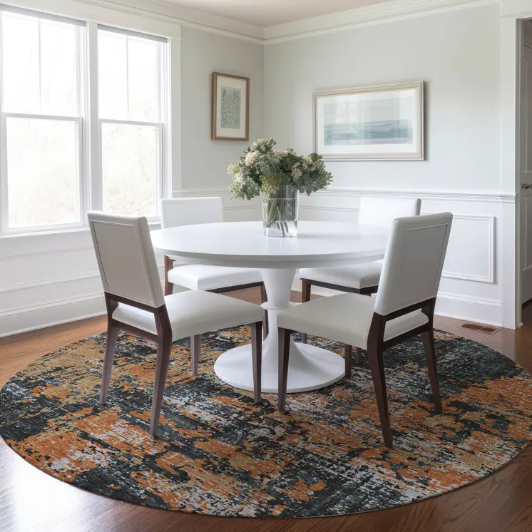 8' Charcoal Copper And Ivory Round Abstract Washable Indoor Outdoor Area Rug