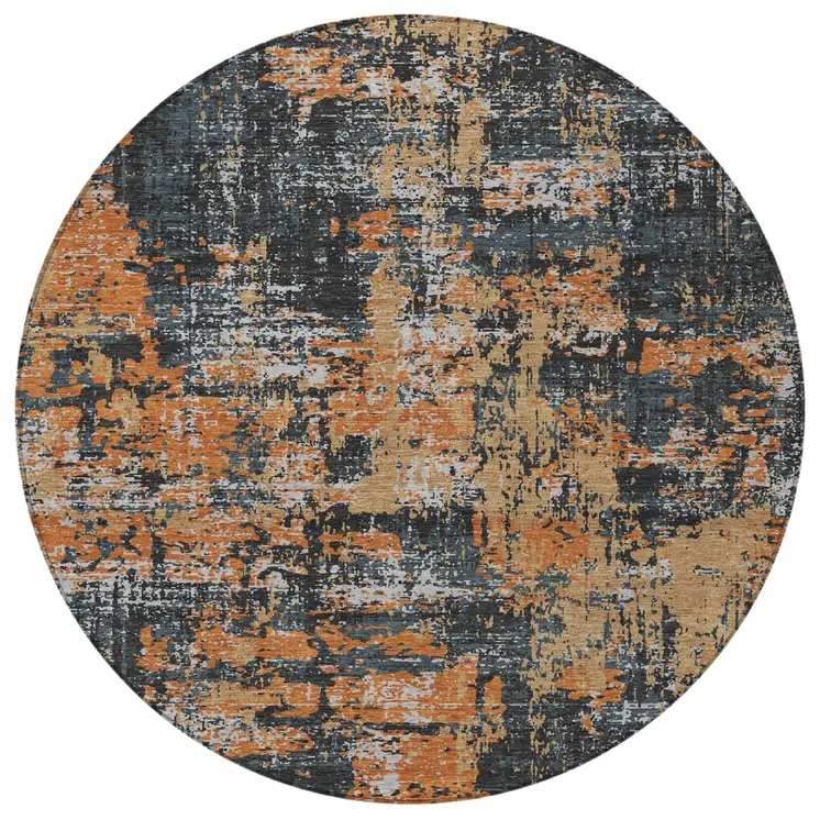 8' Charcoal Copper And Ivory Round Abstract Washable Indoor Outdoor Area Rug