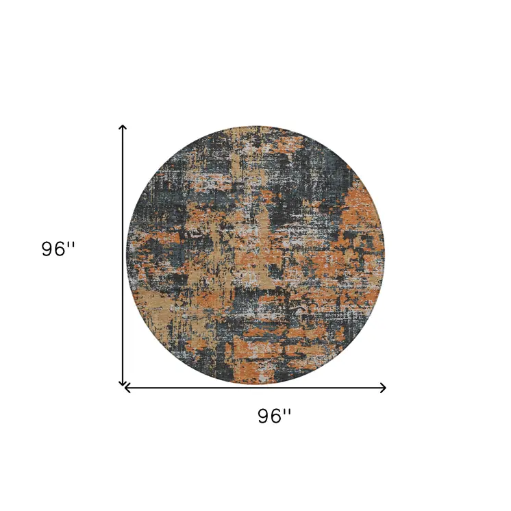 8' Charcoal Copper And Ivory Round Abstract Washable Indoor Outdoor Area Rug