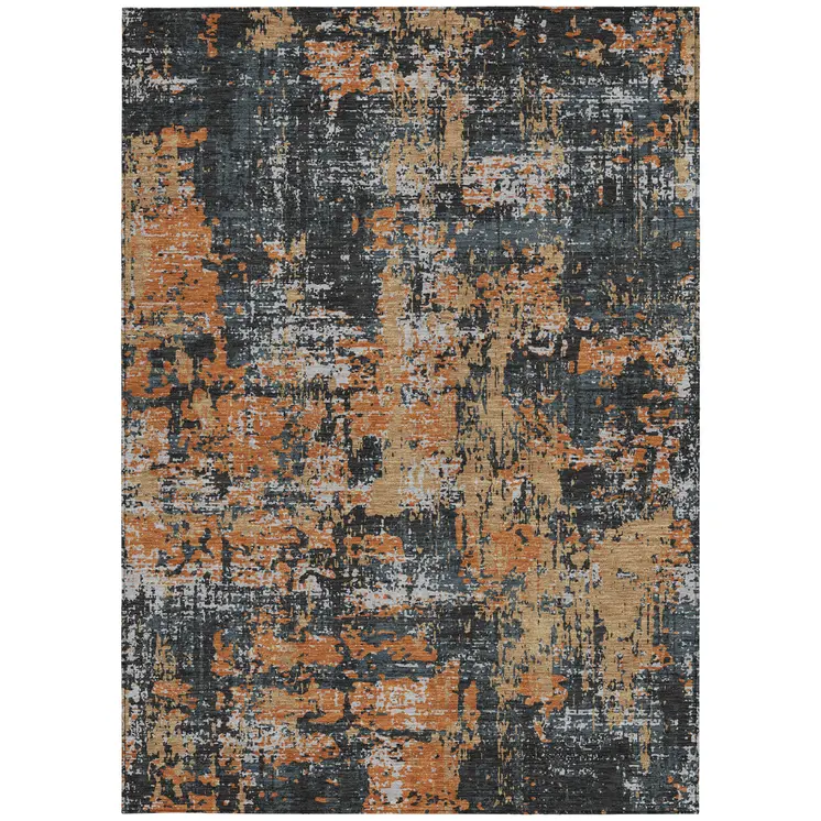 9' X 12' Charcoal Copper And Ivory Abstract Washable Indoor Outdoor Area Rug