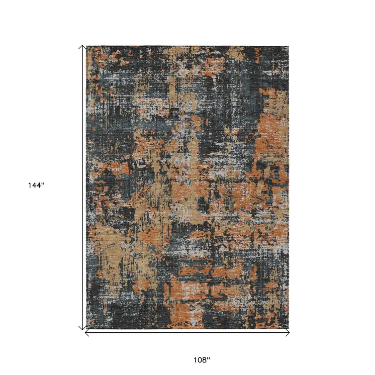 9' X 12' Charcoal Copper And Ivory Abstract Washable Indoor Outdoor Area Rug