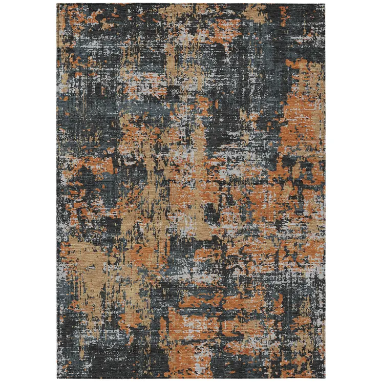 9' X 12' Charcoal Copper And Ivory Abstract Washable Indoor Outdoor Area Rug