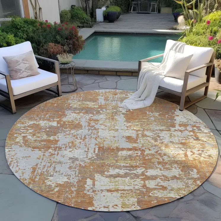 8' Copper Gold And Ivory Round Abstract Washable Indoor Outdoor Area Rug