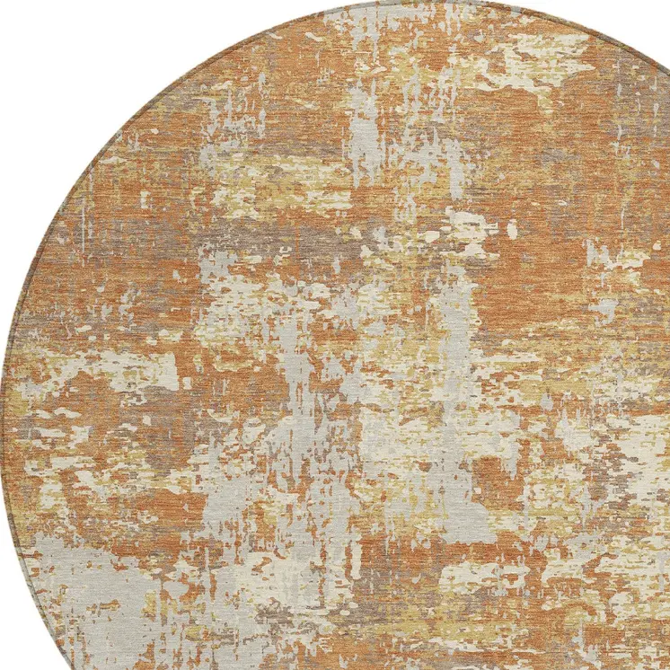 8' Copper Gold And Ivory Round Abstract Washable Indoor Outdoor Area Rug