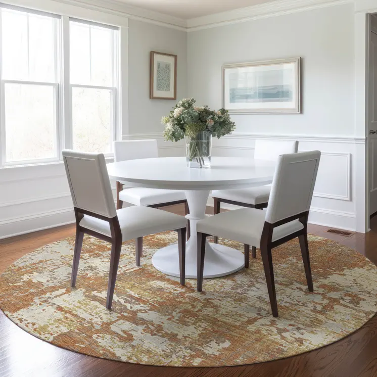 8' Copper Gold And Ivory Round Abstract Washable Indoor Outdoor Area Rug
