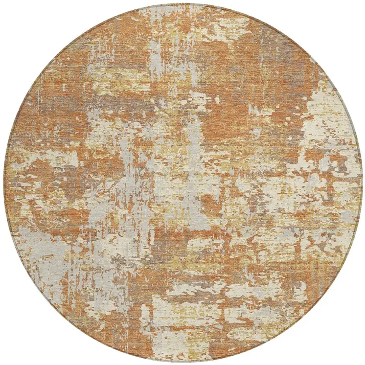 8' Copper Gold And Ivory Round Abstract Washable Indoor Outdoor Area Rug