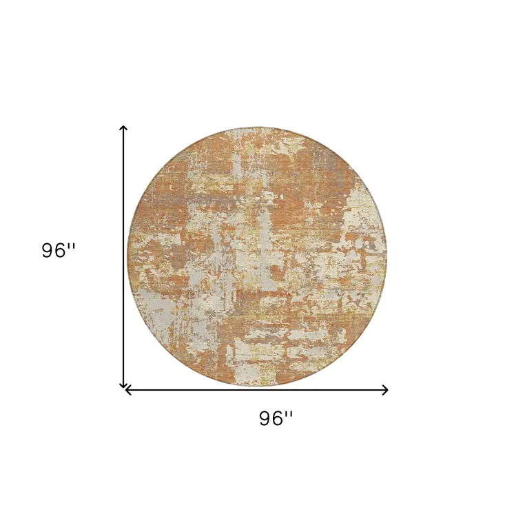 8' Copper Gold And Ivory Round Abstract Washable Indoor Outdoor Area Rug