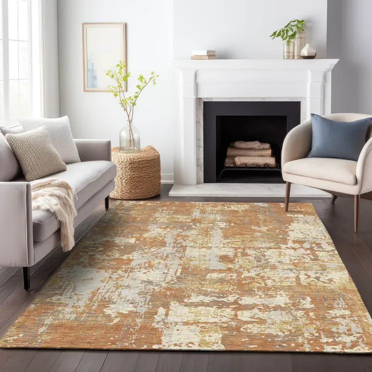 8' X 10' Copper Gold And Ivory Abstract Washable Indoor Outdoor Area Rug