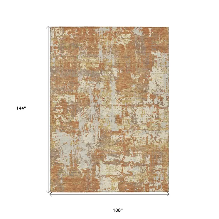 9' X 12' Copper Gold And Ivory Abstract Washable Indoor Outdoor Area Rug