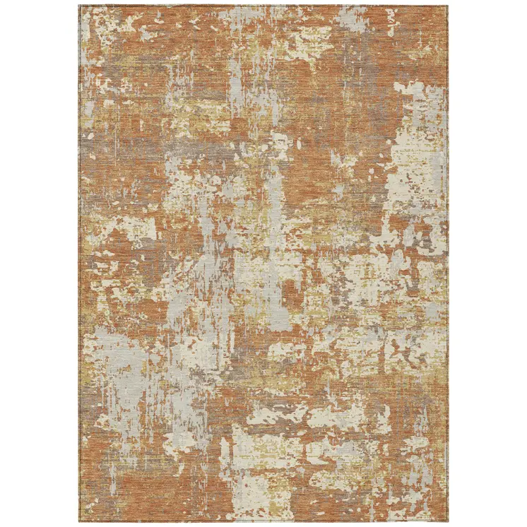9' X 12' Copper Gold And Ivory Abstract Washable Indoor Outdoor Area Rug