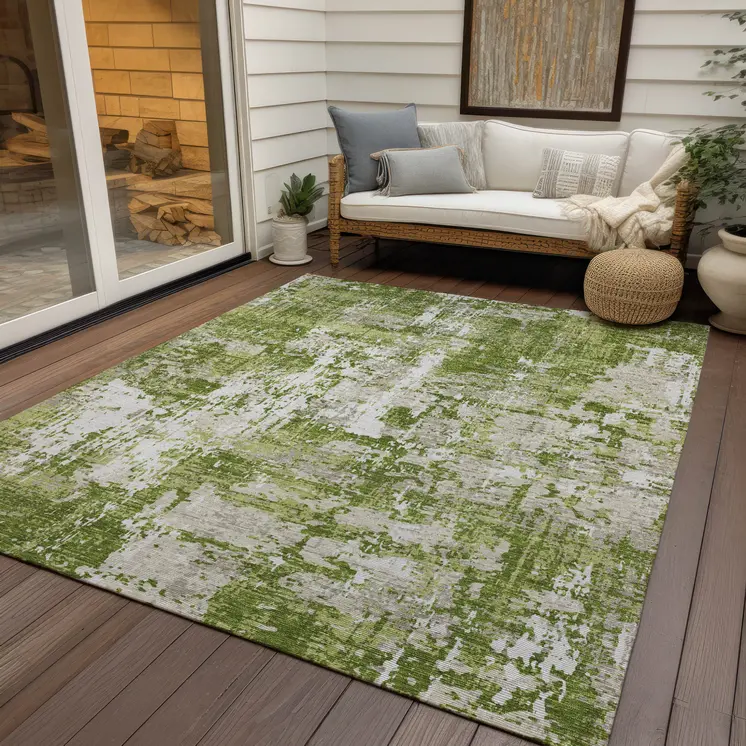 3' X 5' Green And Ivory Abstract Washable Indoor Outdoor Area Rug