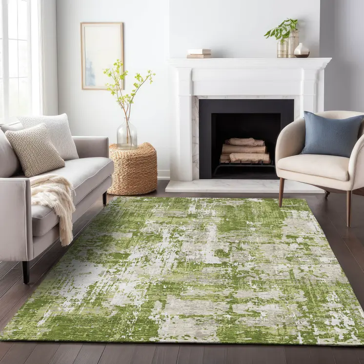 3' X 5' Green And Ivory Abstract Washable Indoor Outdoor Area Rug