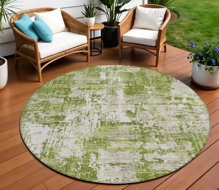 8' Green And Ivory Round Abstract Washable Indoor Outdoor Area Rug